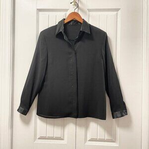Vintage Satin Trim Hidden Button Blouse Black